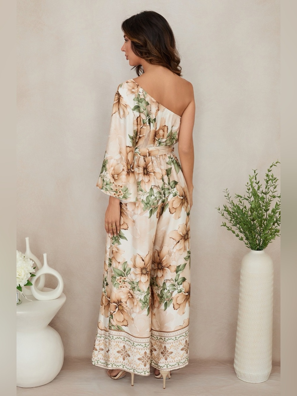 (77028/07725-BGE) WILD HIBISCUS PRINT ONE SLEEVE WIDE LEG JUMPSUIT - Picture 3 of 4